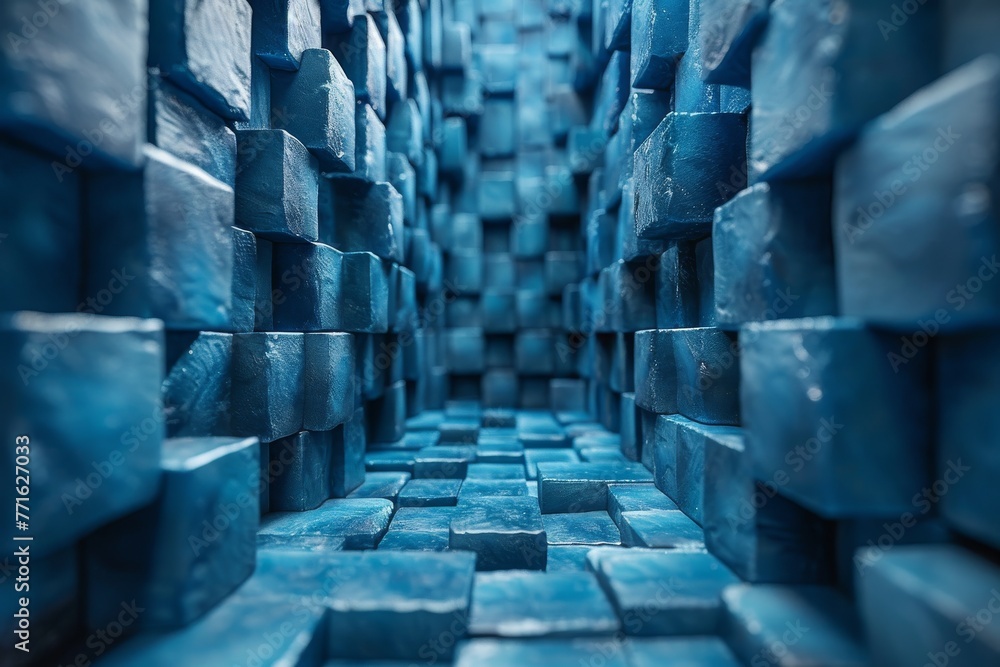 Fototapeta premium An infinite maze of cobalt blue cubes with depth creating a feeling of complexity and wonder