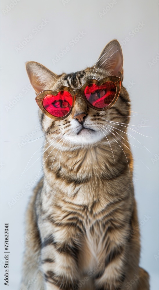A cat wearing red heart-shaped sunglasses