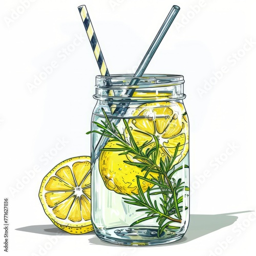A mason jar filled with yellow lemons and green rosemary sprigs