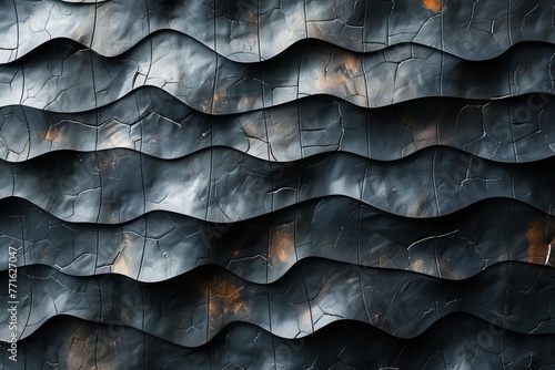 Rust and wear tear on dark metallic wave textures evoke a sense of decay and transformation