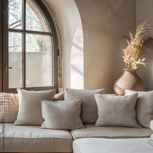 close up of Curved sofa with cushions against arch window. Boho, famhouse home interior design of modern living room. photo