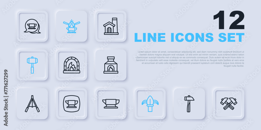 Set line Hammer, Crossed hammer, Blacksmith oven, Classic iron fence, Sledgehammer, anvil tool, Anvil and and icon. Vector Set line Hammer, Crossed hammer, Blacksmith oven, Classic iron fence, Sledgehammer, anvil tool, Anvil and and icon. Vector
