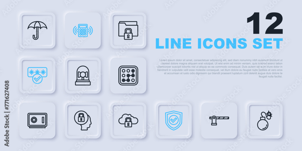 Set line Parking car barrier, Bomb, Ringing alarm bell, Shield with check mark, Password protection, Lock, Security keypad access panel and Cloud computing lock icon. Vector Set line Parking car barrier, Bomb, Ringing alarm bell, Shield with check mark, Password protection, Lock, Security keypad access panel and Cloud computing lock icon. Vector