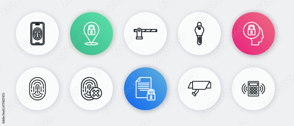 Set line Document and lock, Lock, Fingerprint, Security camera, Key, Parking car barrier, keypad access panel and Cancelled fingerprint icon. Vector Set line Document and lock, Lock, Fingerprint, Security camera, Key, Parking car barrier, keypad access panel and Cancelled fingerprint icon. Vector