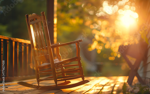 Single Traditional wooden chair on a front porch blured background. photo