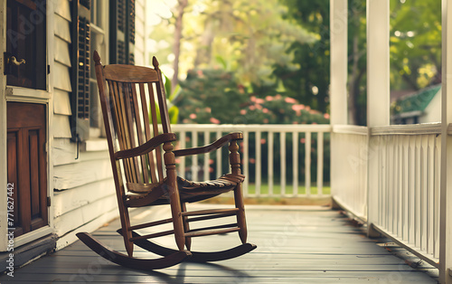 Single Traditional wooden chair on a front porch blured background.