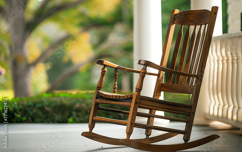 Single Rocking chair on porch.  generative ai