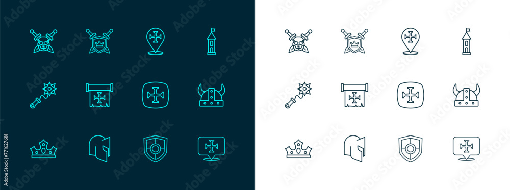 Set line Castle tower, Medieval helmet, Crusade, Shield, Skull with sword and swords icon. Vector - obrazy, fototapety, plakaty 