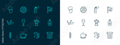 Set line Flag Italy, Coffee cup, maker moca pot, Map, Wine glass, Perfume, Italian cook and Pizza icon. Vector
