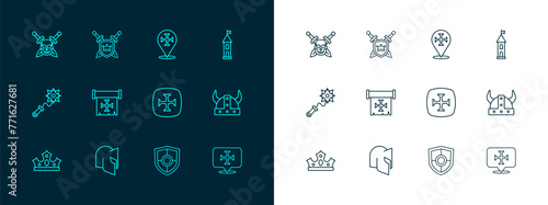 Set line Castle tower, Medieval helmet, Crusade, Shield, Skull with sword and swords icon. Vector