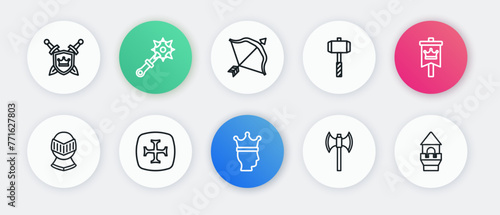 Set line King crown, Medieval flag, helmet, poleaxe, Battle hammer, bow and arrow, Castle tower and Crusade icon. Vector