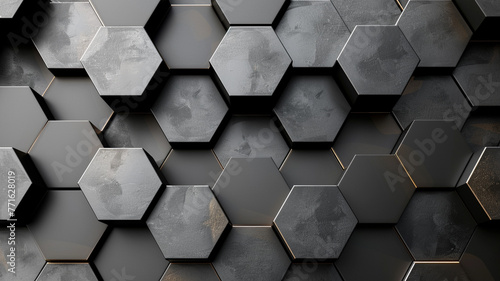 A sleek digital hexagon abstract background, with black and gray hexagons creating an illusion of a 3D metallic surface, reflecting subtle ambient light. photo