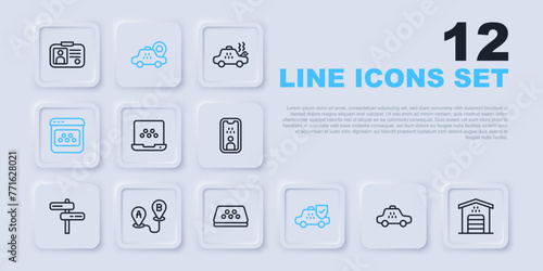 Set line Taxi car, Garage for taxi, mobile app, insurance, Route location, Location and roof icon. Vector