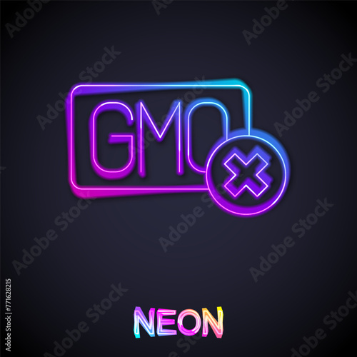 Glowing neon line No GMO icon isolated on black background. Genetically modified organism acronym. Dna food modification. Vector