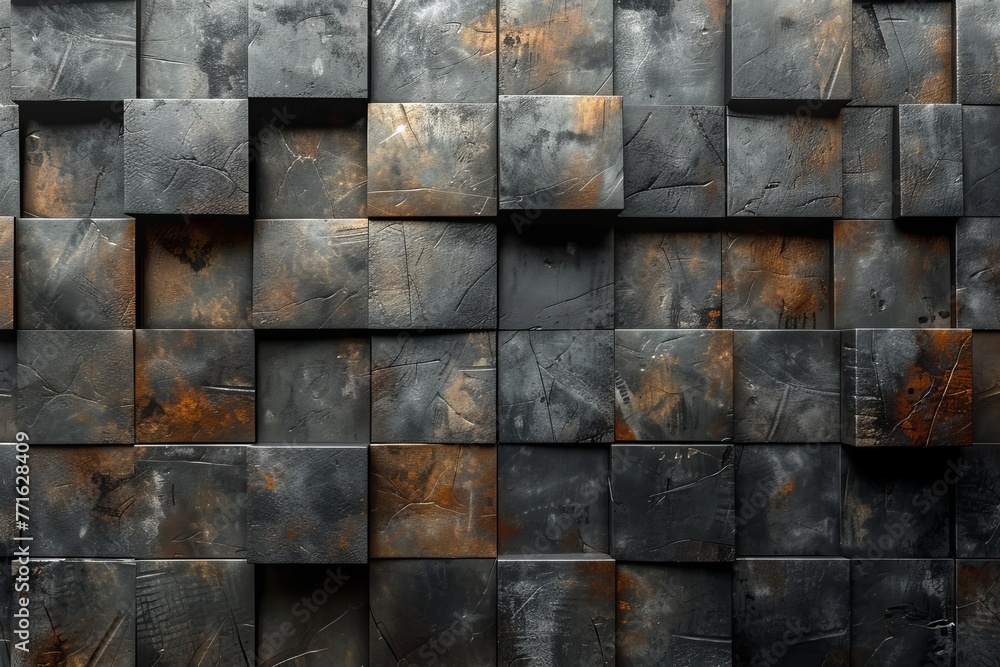 An image depicting the raw and rugged beauty of a cube pattern wall with a textured, rusty metallic finish