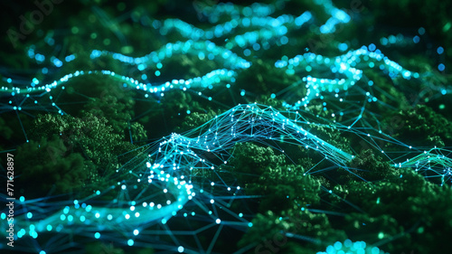 Bright, electric blue connections zigzag across a dark, forest green background. 