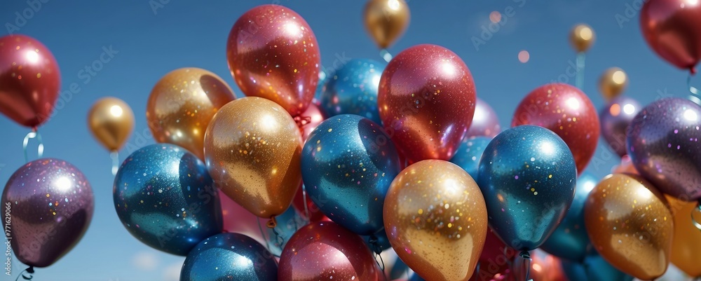 Colorful holiday balloons on blue sky background - obrazy, fototapety, plakaty 