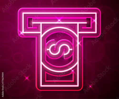 Glowing neon line ATM - Automated teller machine and money icon isolated on red background. Vector