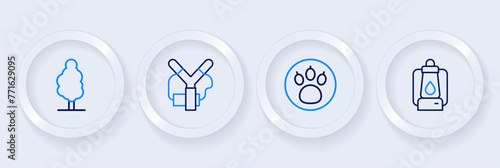 Set line Camping lantern, Paw search, Slingshot and Tree icon. Vector