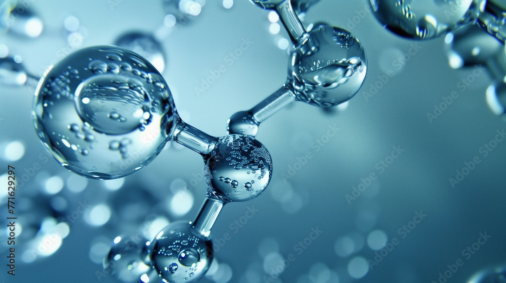 The Molecular Structure Of Water Water Molecules Flying In Blue Space