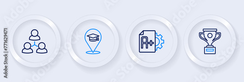 Set line Award cup, Exam sheet with plus grade, Online education and class icon. Vector