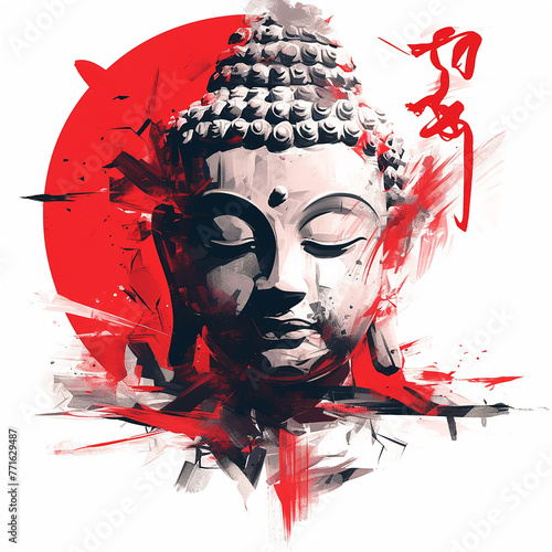 A painting of a Buddha statue with red and white colors. The painting has a lot of red splatters and brush strokes, giving it a very abstract and impressionistic feel