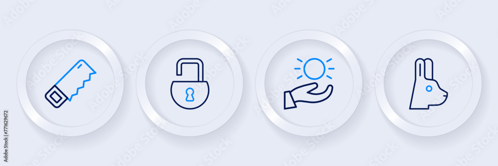 Set line Rabbit with ears, Ball levitating above hand, Open padlock and Hand saw icon. Vector Set line Rabbit with ears, Ball levitating above hand, Open padlock and Hand saw icon. Vector