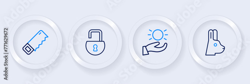 Set line Rabbit with ears, Ball levitating above hand, Open padlock and Hand saw icon. Vector