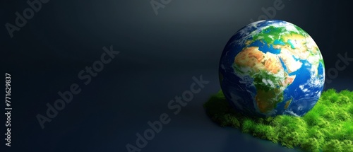 Globe resting on vibrant green moss  with copy space for Earth Day celebration or environmental themes. Awareness of biodiversity  responsibility and protection of nature conservation. Our beautiful p