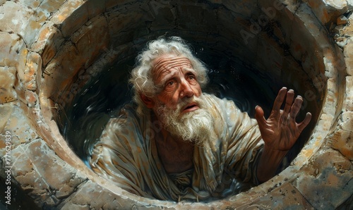 Jeremiah the prophet of God placed inside a well because of the prophetic messages for the people of Jerusalem, Generative AI photo