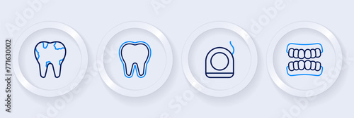 Set line Dentures model, Dental floss, Tooth and Broken tooth icon. Vector