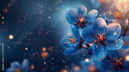 fantasy blue flowers illuminated by glowing light particles on a blurred copy space background #771630009