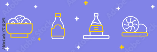 Set line Xiao long bao, Bottle of sake, Soy sauce bottle and Chow mein plate icon. Vector