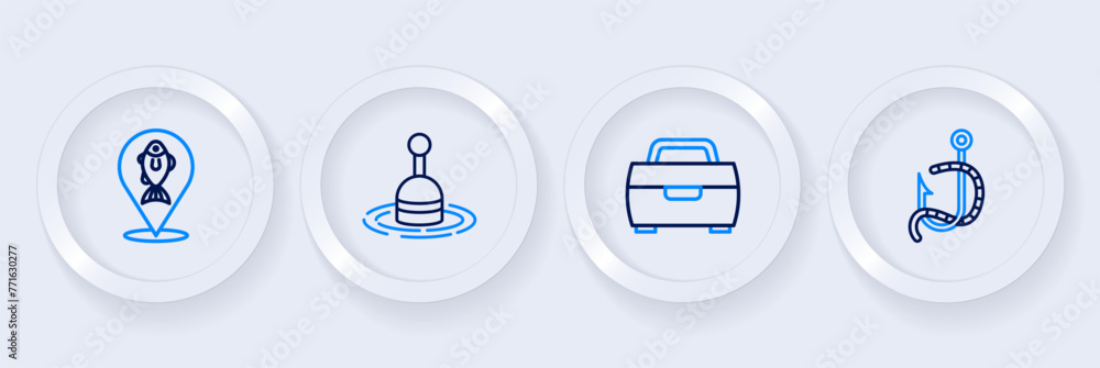 Set line Fishing hook and worm, float water and Location fishing icon. Vector Set line Fishing hook and worm, float water and Location fishing icon. Vector