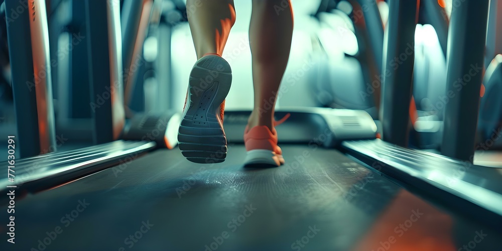 Closeup of a womans legs in sneakers running on a treadmill in a fitness center. Concept Fitness, Exercise, Running, Treadmill, Healthy Lifestyle Closeup of a womans legs in sneakers running on a treadmill in a fitness center. Concept Fitness, Exercise, Running, Treadmill, Healthy Lifestyle