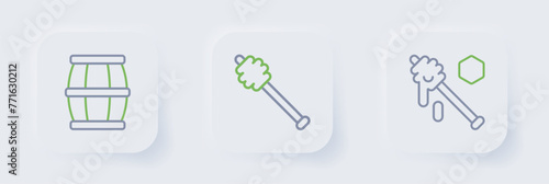 Set line Honey dipper stick, and Wooden barrel with honey icon. Vector