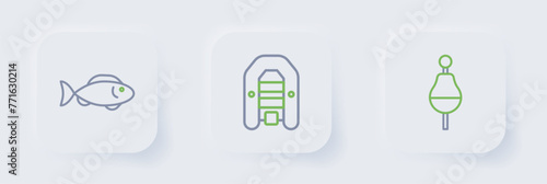 Set line Fishing float, Inflatable boat with motor and icon. Vector