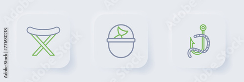 Set line Fishing hook and worm, bucket with fish and harpoon icon. Vector