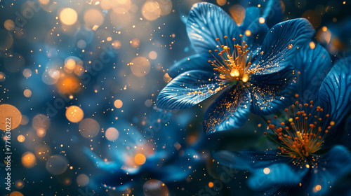 fantasy blue flowers illuminated by glowing light particles on a blurred copy space background