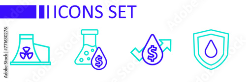 Set line Oil drop on shield, price increase, petrol test tube and Nuclear power plant icon. Vector