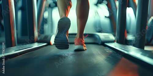 Closeup of a womans legs in sneakers running on a treadmill in a fitness center. Concept Fitness, Exercise, Running, Treadmill, Healthy Lifestyle