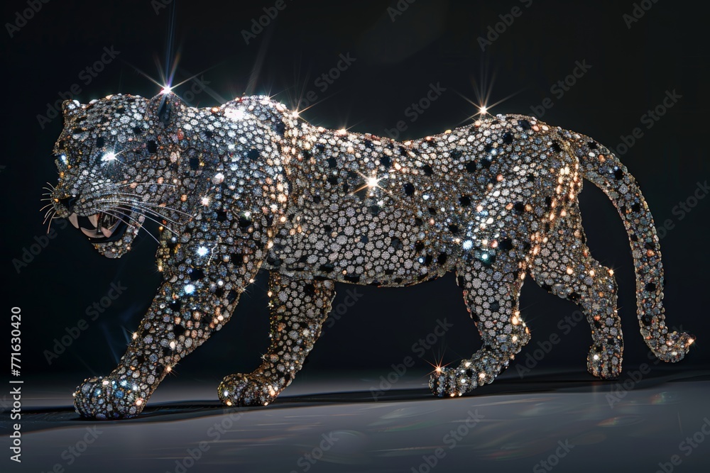 A Leopard sculpted from glistening diamonds, showcasing intricate details and shimmering facets - obrazy, fototapety, plakaty 