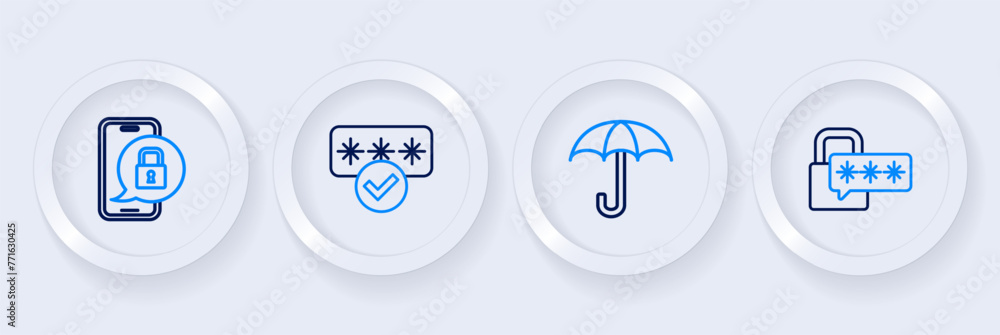 Set line Cyber security, Umbrella, Password protection and Mobile with closed padlock icon. Vector Set line Cyber security, Umbrella, Password protection and Mobile with closed padlock icon. Vector
