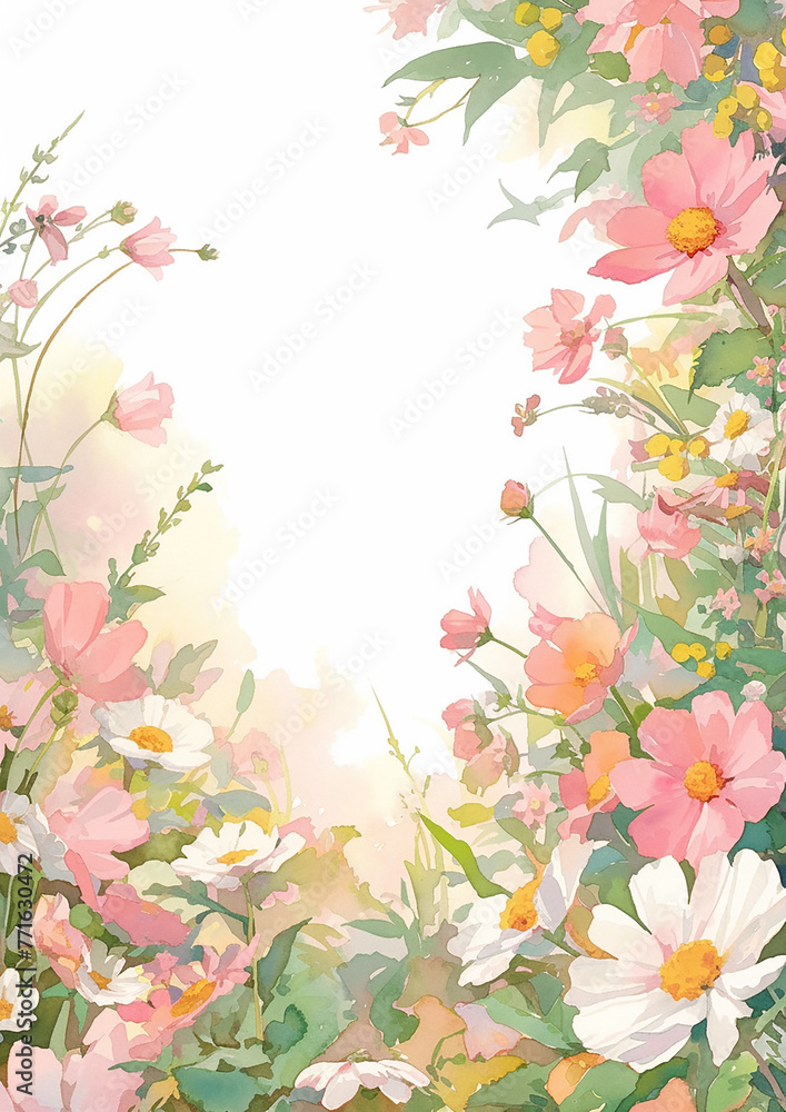 A painting of a field of flowers with a white background. The flowers are in various colors and are scattered throughout the painting. The mood of the painting is peaceful and serene A painting of a field of flowers with a white background. The flowers are in various colors and are scattered throughout the painting. The mood of the painting is peaceful and serene