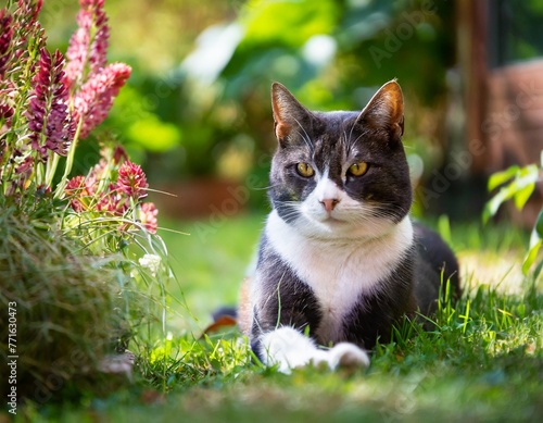 Gelassenheit im Grünen: Grau-weiße Katze genießt den Garten photo