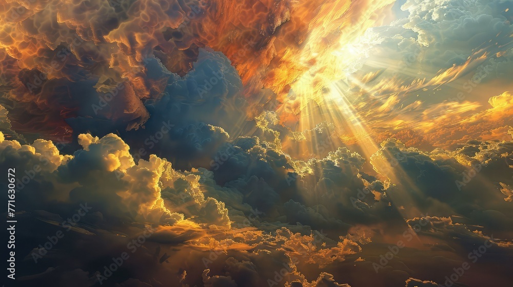 © Tida - Dramatic cloudscape with sunbeams and orange hues - A stunning display of sunlight piercing through dynamic cloud formations, creating a dramatic and vivid skyscape