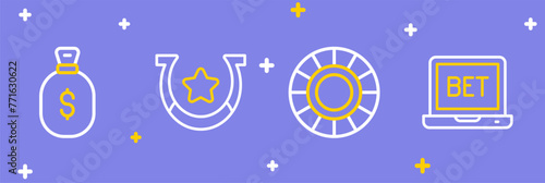 Set line Online sports betting, Casino chips, Horseshoe and Money bag icon. Vector