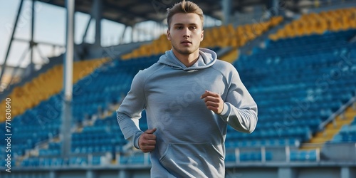Man in gray hoodie running outside at sports stadium for cardio workout. Concept Cardio Workout, Running, Sports Stadium, Outdoor Exercise, Gray Hoodie