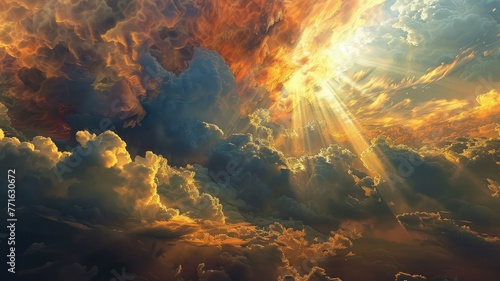 Dramatic cloudscape with sunbeams and orange hues - A stunning display of sunlight piercing through dynamic cloud formations, creating a dramatic and vivid skyscape photo