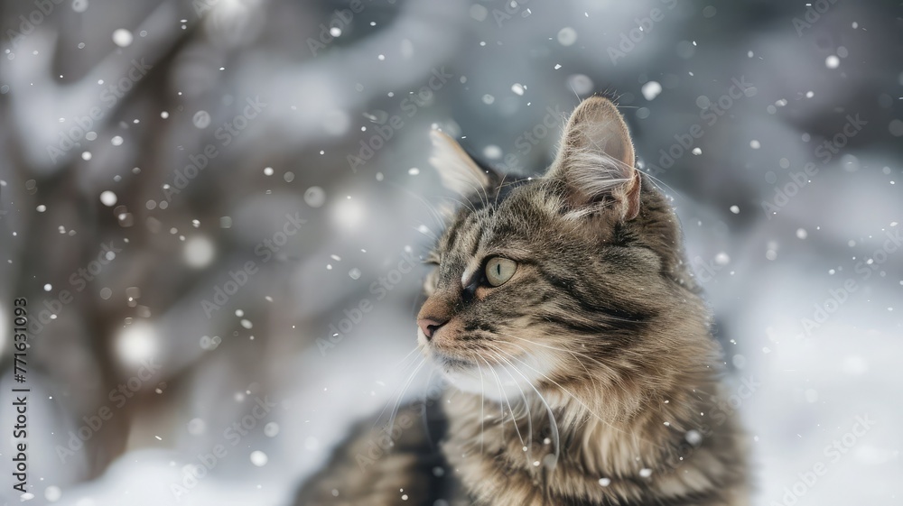 Snowy day with a contemplative cat - A majestic cat with luxurious fur looks contemplatively as snowflakes gently fall around it, creating a mesmerizing scene